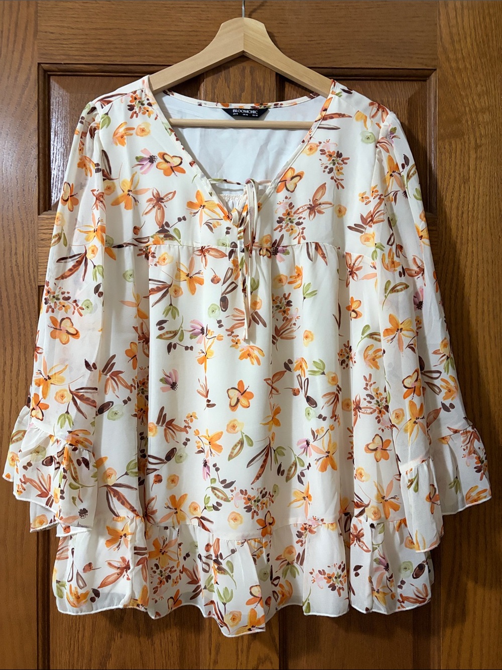 BloomChic Cream Floral Tie-Front Tunic with Orange Accents